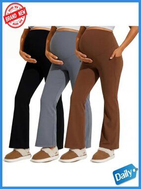 3 Pack Maternity Flare Leggings Over the Belly Pregnancy Pants with Pockets